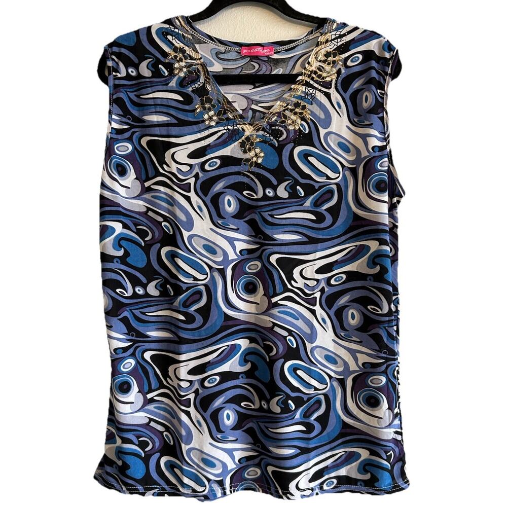 Blue Sleeveless coastal Blouse Shirt Women Plus Size 1X Gold Trim XL